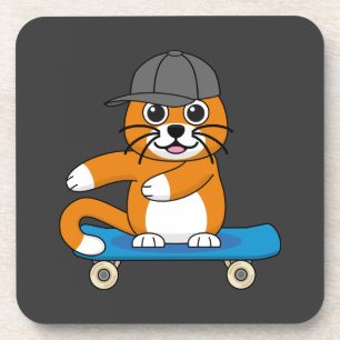Cute Orange Cat on Skateboard Cartoon Coaster