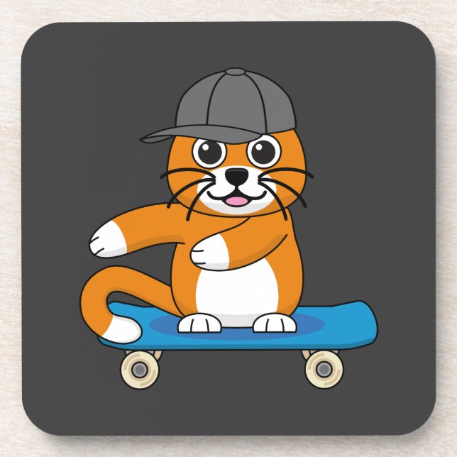 Cute Orange Cat on Skateboard Cartoon Coaster (Front)
