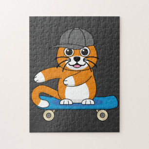Cute Orange Cat on Skateboard Cartoon Jigsaw Puzzle