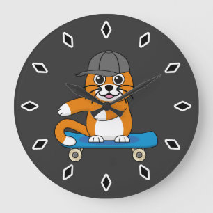 Cute Orange Cat on Skateboard Cartoon Large Clock