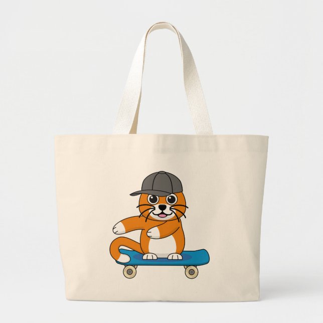 Cute Orange Cat on Skateboard Cartoon Large Tote Bag (Front)
