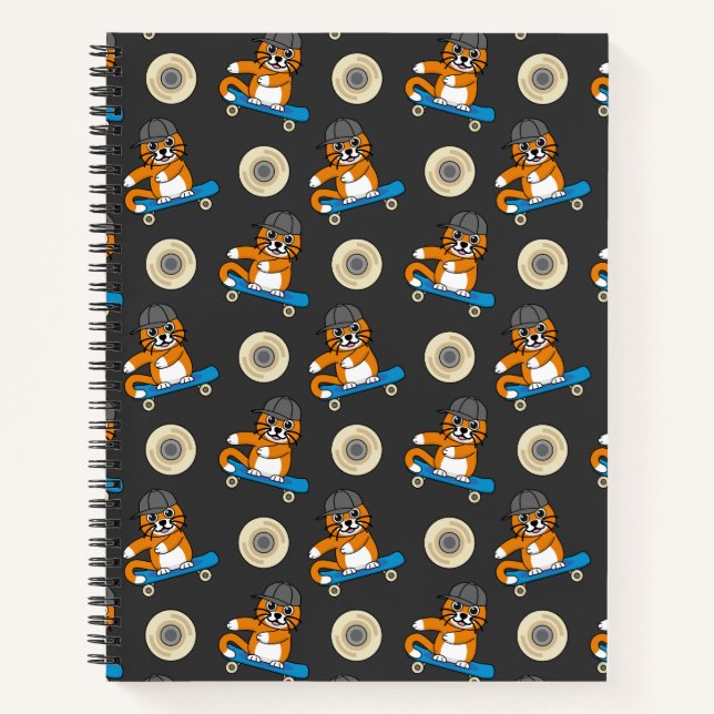 Cute Orange Cat on Skateboard Cartoon Notebook (Front)