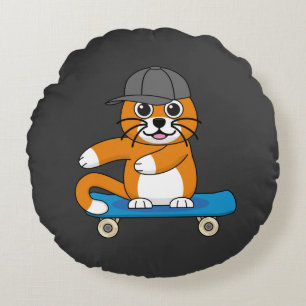 Cute Orange Cat on Skateboard Cartoon Round Cushion