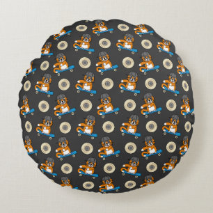 Cute Orange Cat on Skateboard Cartoon Round Cushion