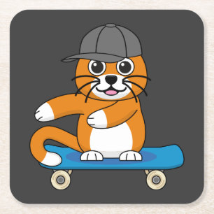 Cute Orange Cat on Skateboard Cartoon Square Paper Coaster