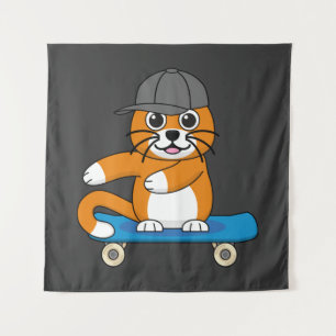 Cute Orange Cat on Skateboard Cartoon Tapestry