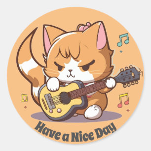 Cute Orange Cat Playing Guitar Classic Round Sticker