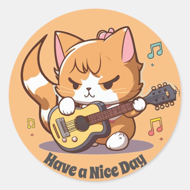Cute Orange Cat Playing Guitar Classic Round Sticker (Front)