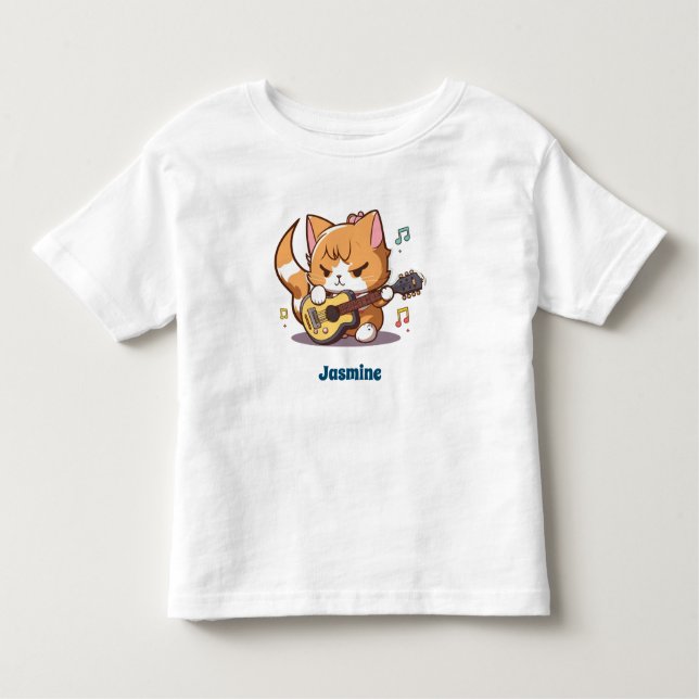 Cute Orange Cat Playing Guitar Toddler T-Shirt (Front)