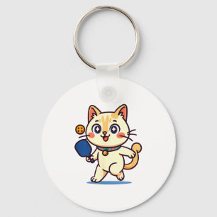 Cute orange cat playing pickleball key ring