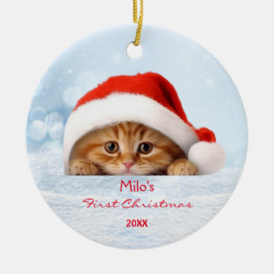 Cute Orange Cat Red Santa Hat Paw Personalized  Ceramic Ornament