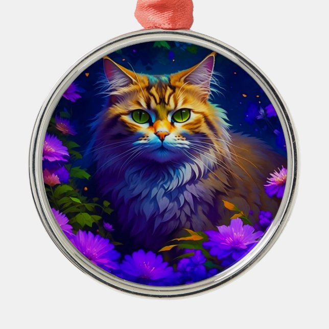 Cute Orange Cat Sitting in Purple Flowers Metal Ornament (Front)