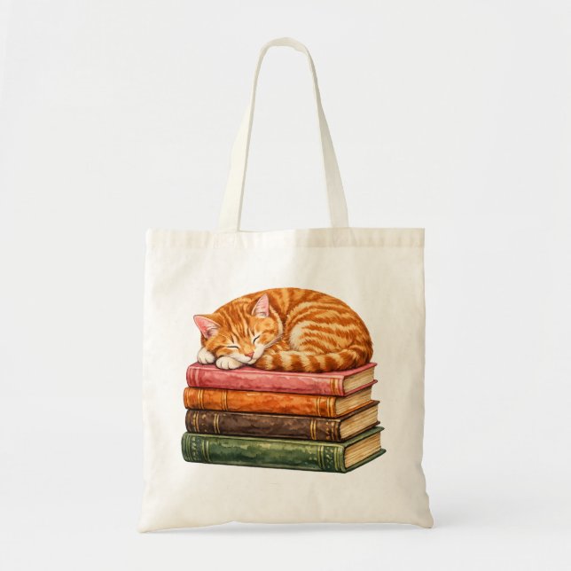 Cute Orange Cat Sleeping on Stack of Books Tote Bag (Front)