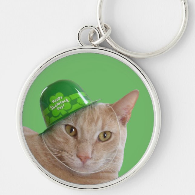 Cute Orange Cat Wearing a Green Irish Hat Key Ring (Front)