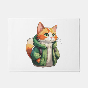 cute orange cat wearing green jacket doormat