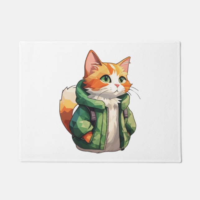 cute orange cat wearing green jacket   doormat (Front)