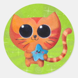 Cute Orange Cat with Star Classic Round Sticker