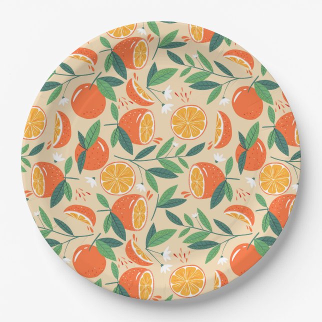 cute orange citrus tiled pattern paper plate (Front)