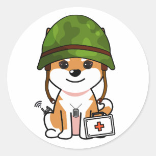 Cute Orange Dog Wearing army helmet Classic Round Sticker