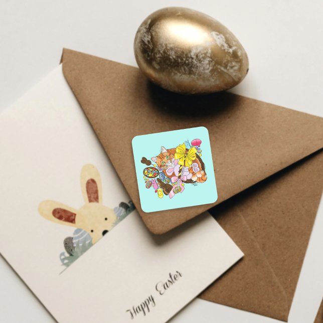 Cute Orange Easter Cat Square Sticker (Creator Uploaded)