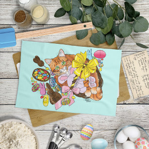 Cute Orange Easter Cat Tea Towel