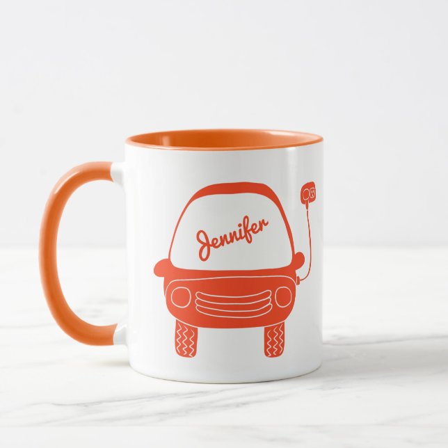 Cute Orange Electric Car Personalised Mug (Left)