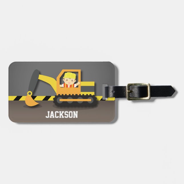 Cute Orange Excavator Construction Builder Boy Luggage Tag (Front Horizontal)