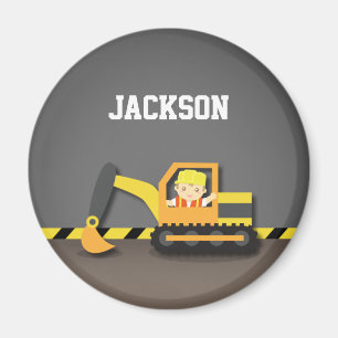 Cute Orange Excavator Construction Builder Boy Magnet