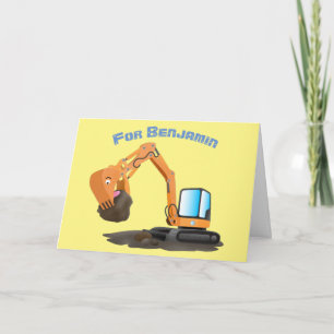 Cute orange excavator digger cartoon card