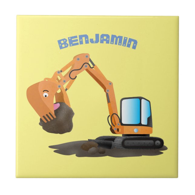 Cute orange excavator digger cartoon ceramic tile (Front)