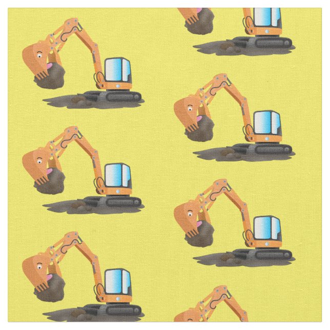 Cute orange excavator digger cartoon fabric (Close Up)