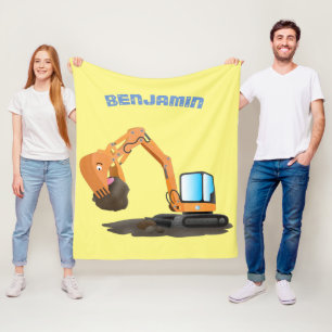 Cute orange excavator digger cartoon fleece blanket