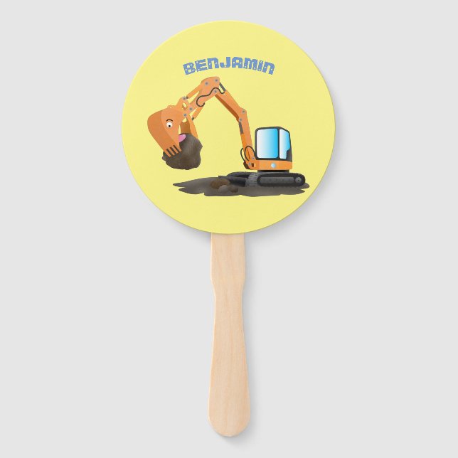 Cute orange excavator digger cartoon hand fan (Front)