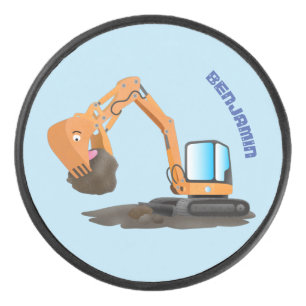 Cute orange excavator digger cartoon hockey puck