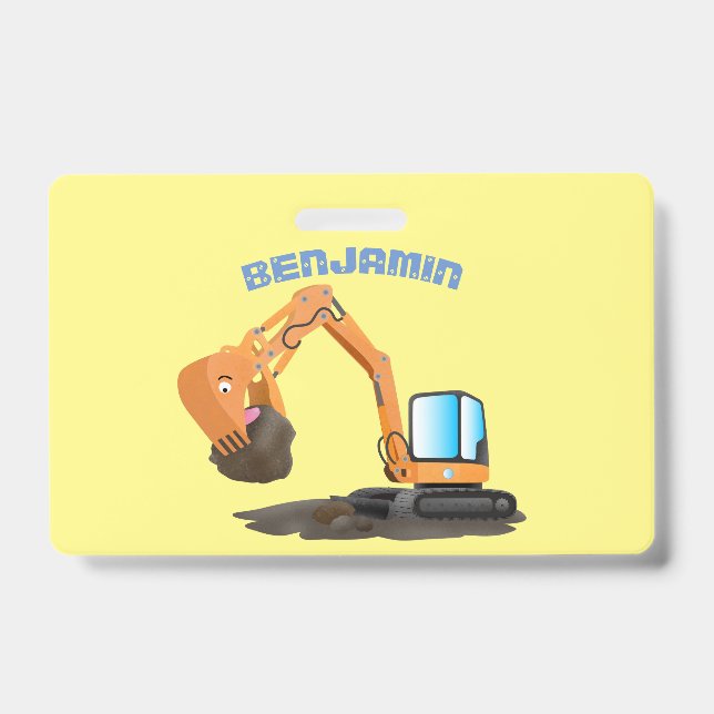 Cute orange excavator digger cartoon ID badge (Front)