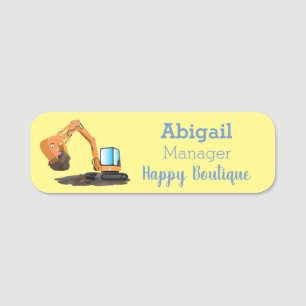 Cute orange excavator digger cartoon name tag