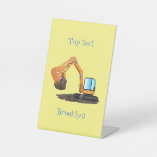 Cute orange excavator digger cartoon pedestal sign