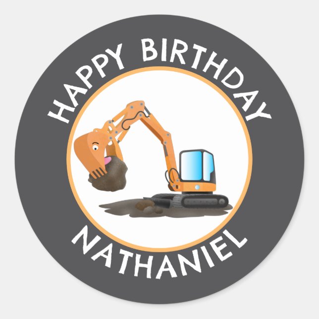 Cute orange excavator digger cartoon personalised classic round sticker (Front)