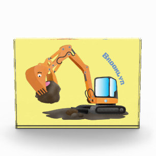 Cute orange excavator digger cartoon photo block