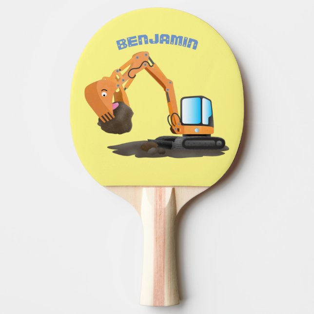 Cute orange excavator digger cartoon ping pong paddle (Front)