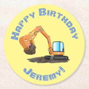 Cute orange excavator digger cartoon round paper coaster