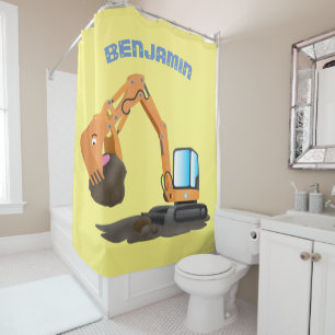 Cute orange excavator digger cartoon shower curtain