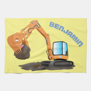 Cute orange excavator digger cartoon tea towel