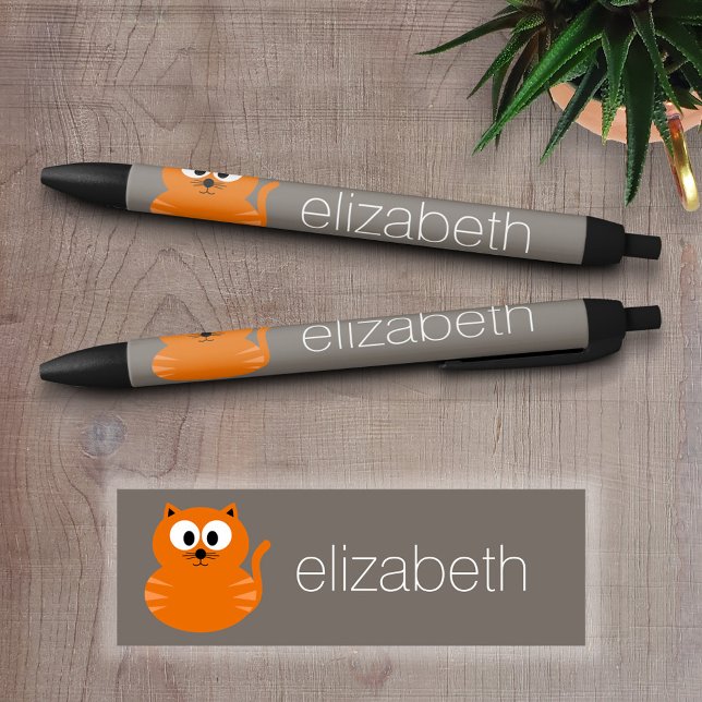 Cute Orange Fat Cat with Taupe Personalised Black Ink Pen (Custom Pen - Personalize this writing pen with your name, monogram or other text)