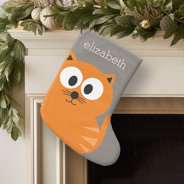 Cute Orange Fat Cat with Taupe Personalised Large Christmas Stocking (Personalized Christmas Stocking)