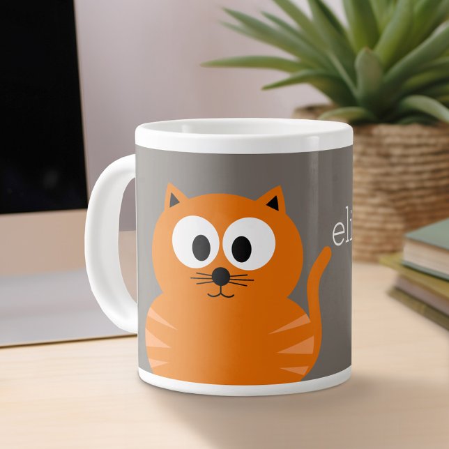 Cute Orange Fat Cat with Taupe Personalised Large Coffee Mug (Personalized mug)