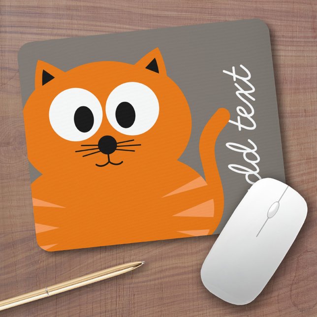 Cute Orange Fat Cat with Taupe Personalised Mouse Pad (Personalized mousepad - Add Custom Text)