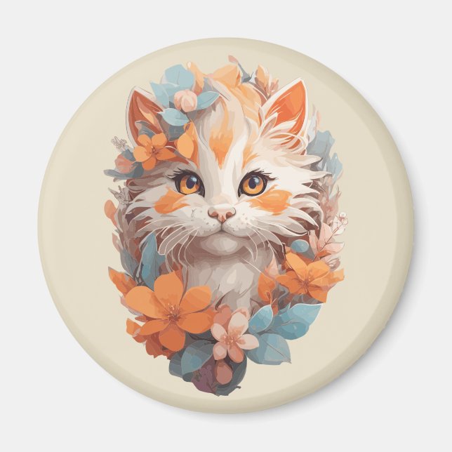Cute Orange Floral Kitty Cat Magnet (Front)