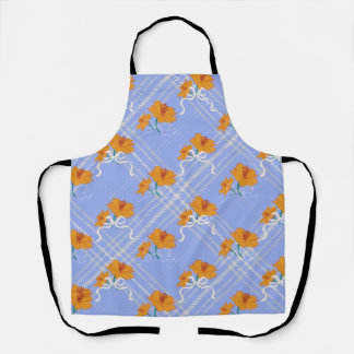 Cute Orange Flower Seamless on Plaid Blue Apron