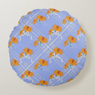 Cute Orange Flower Seamless on Plaid Blue Round Cushion